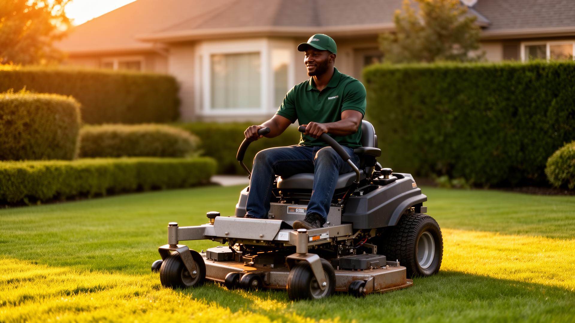 Lawn Rangers Plus owner mowing a manicured lawn at golden hour